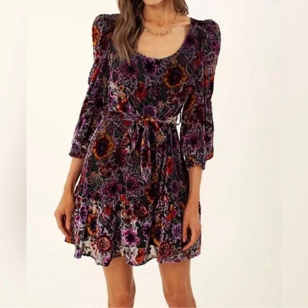 Hale Bob Floral Velvet Burnout Talora Silk Mini Dress Women Size M Black Purple‎